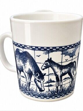 Vintage Horse Mug Set of 8 Blue & White Ceramic Coffee Tea Mugs Country Farmhous